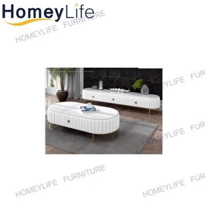Contemporary Design Pure White Vertical Grain Leather Single Drawer Marble Coffee Table