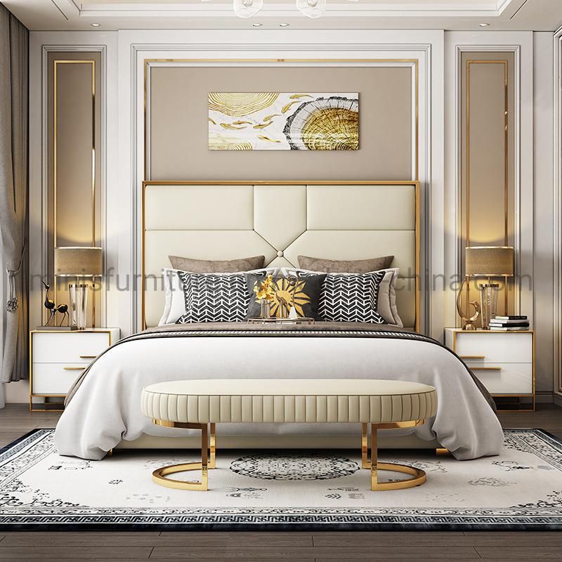 (MN-MB94) Chinese Bedroom Luxury Gold Frame Leather Bed with Bed Bench