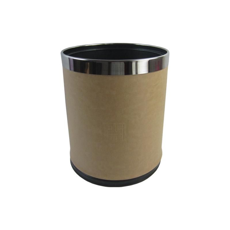 Double Layer Trash Can Round Shaped Luxury Metal Waste Bin 10L Brown PU Leather