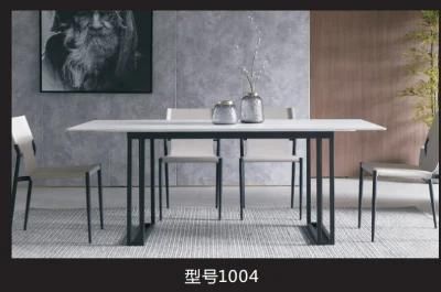 Modern Restaurant Dinner Room Furniture Marble Dining Table and Leather Chairs Steel Legs Set