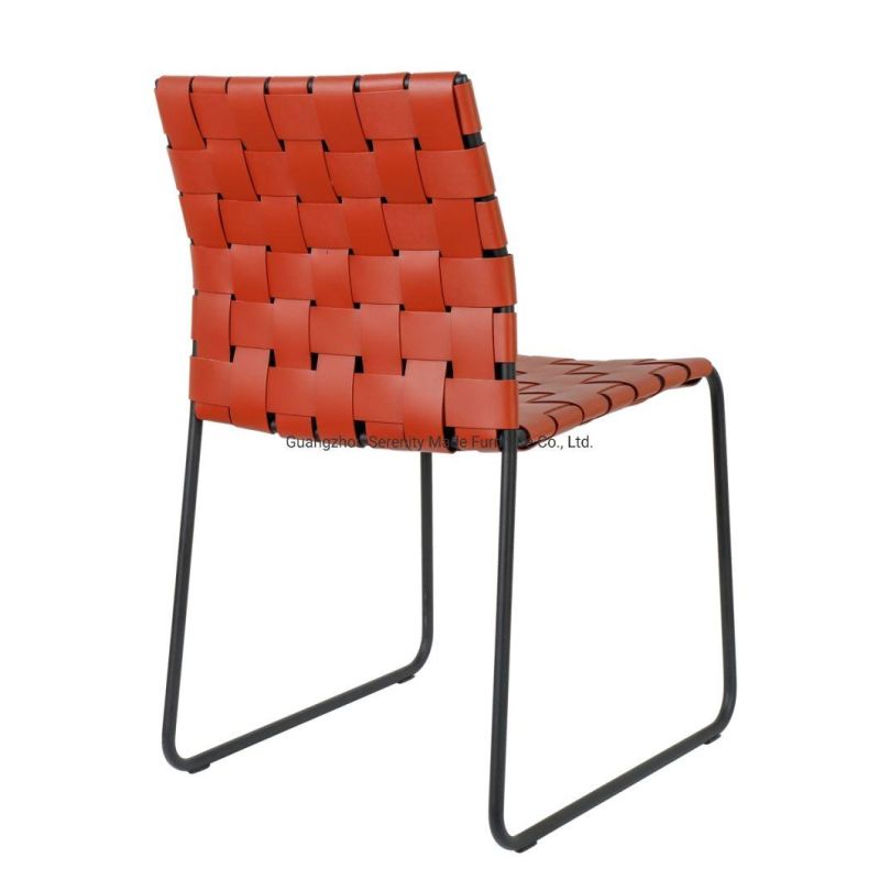 Modern Design Stackable Woven Leather Metal Legs Dining Chair