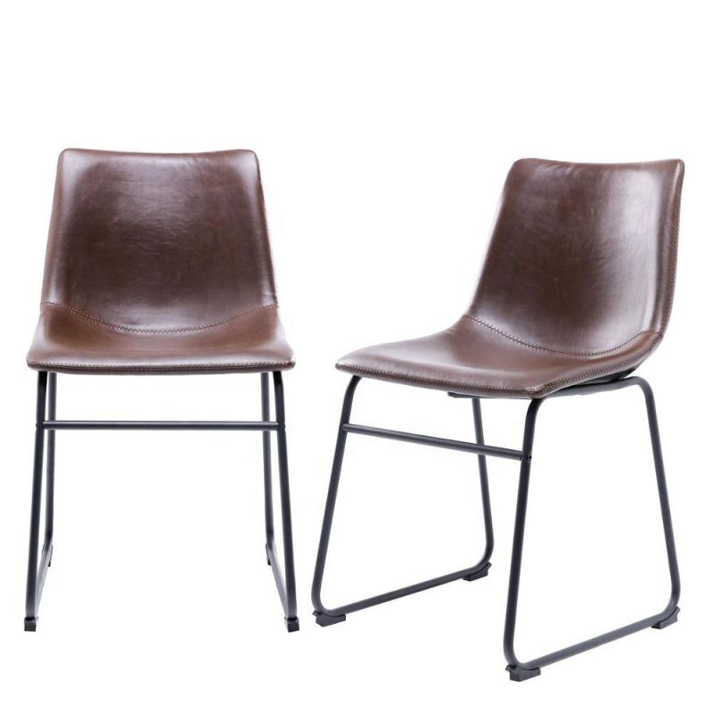 Industrial Chairs Mide Century Modern Style Brown Faux Leather Bucket Seat Black Metal Base Design Centiar Dining Chairs