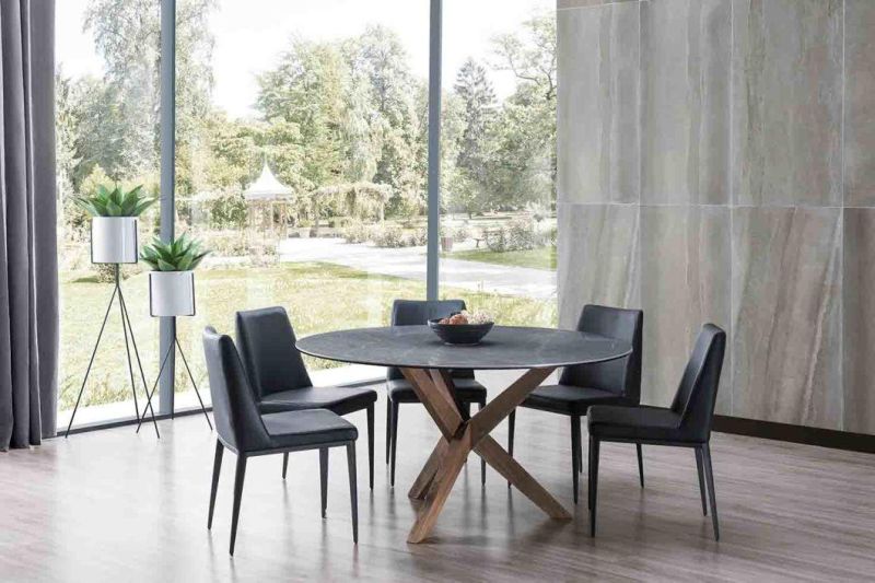 Luxury Dinning Table Walnut Veneer Top and Metal Base for Living Room Dt709