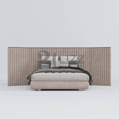 Hot Sale King Size Home Furniture Modern Hotel Bedroom Upholstered Flat Bed with Headboard Wall