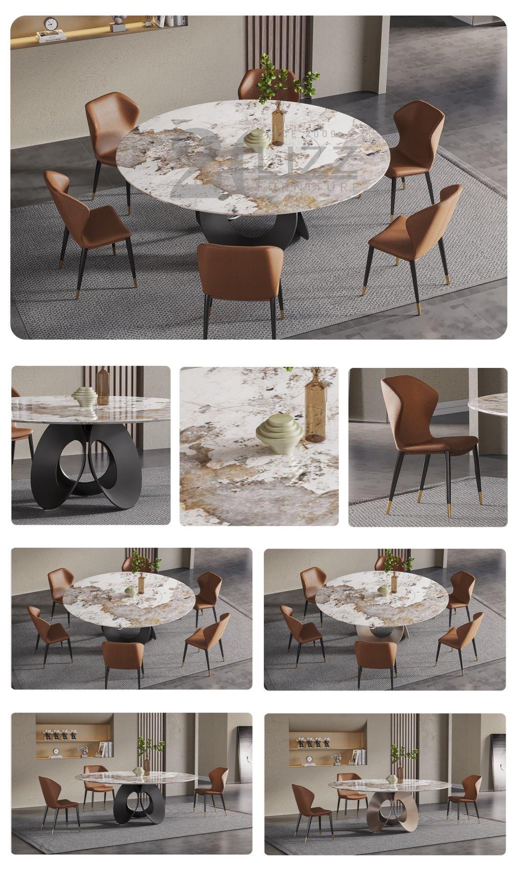 Black Metal Feet Stainless Steel Frame Modern Luxury Dining Room Marble Round Table Set with 6 Leather Chair