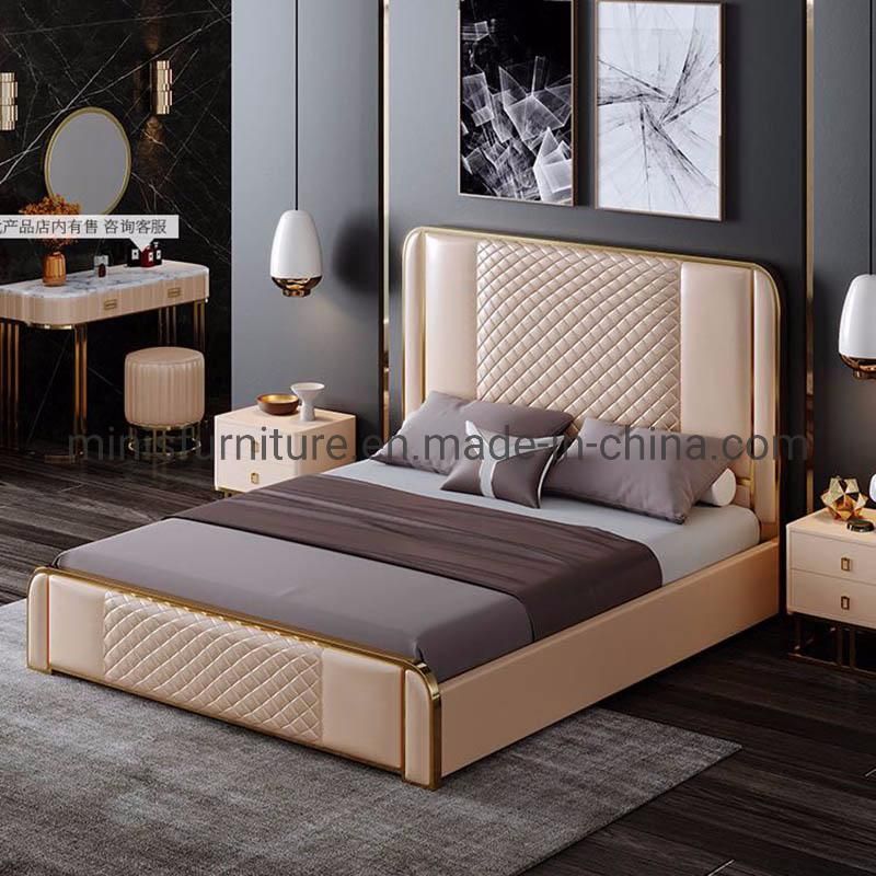 (MN-HB709) Hotel Home Bedroom Luxury High Back Gold Frame Leather Bed Furniture