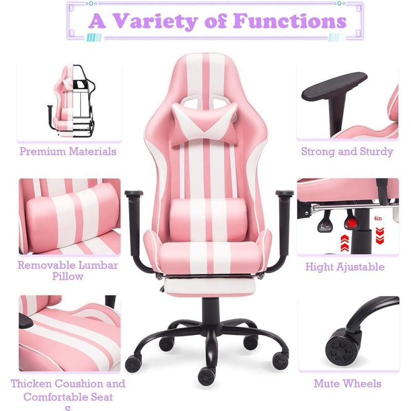 Comfortable Leather Kawaii Pink Gamer Chair Massage Silla Gamer Rosada with Footrest