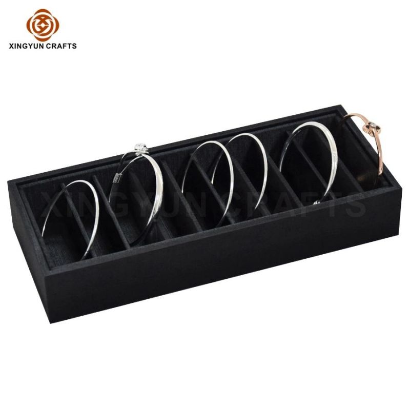 Classical Handmade Wooden Champagne Color PU Leather Jewelry Display Tray Wood Stand