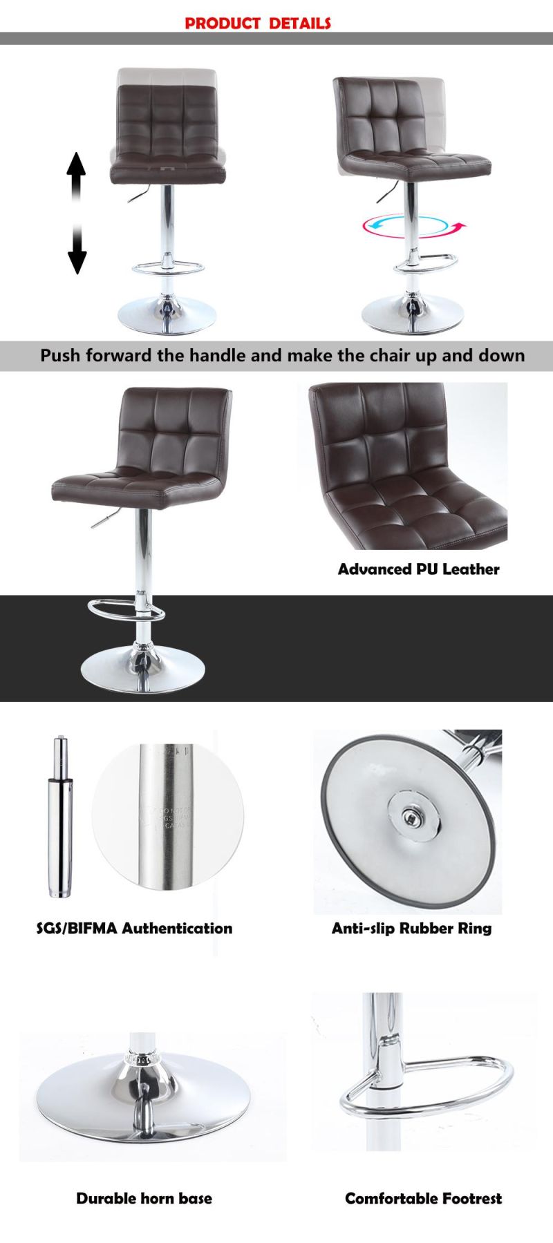 Modern Square PU Leather Adjustable Bar Stool Bar Counter Stool