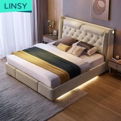 Linsy Factory European Wholesale Furniture Wooden Beds Upholstered Modern Leather Bed R305