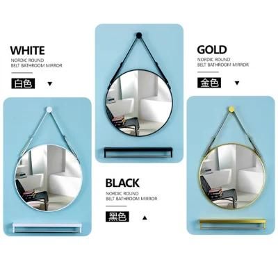 Round Leather Sling Aluminum Famed Bathroom Vanity Mirror with Shelf