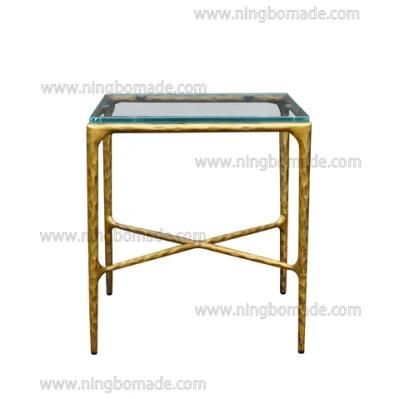 Rustic Hand Hammered Collection Furniture Forged Solid Iron Metal with Brass Color Thick Tempered Glass Sofa Table