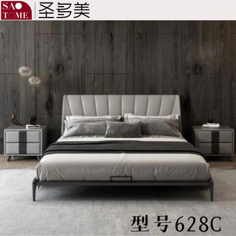 Modern Bedroom Furniture Kaqi Color Leather Solid Wood Frame Double Bed