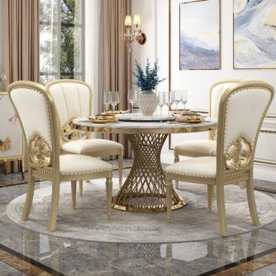Home Furniture Set Luxury Marble Top Metal Steel Leg Round Double Dining Table with Chairs