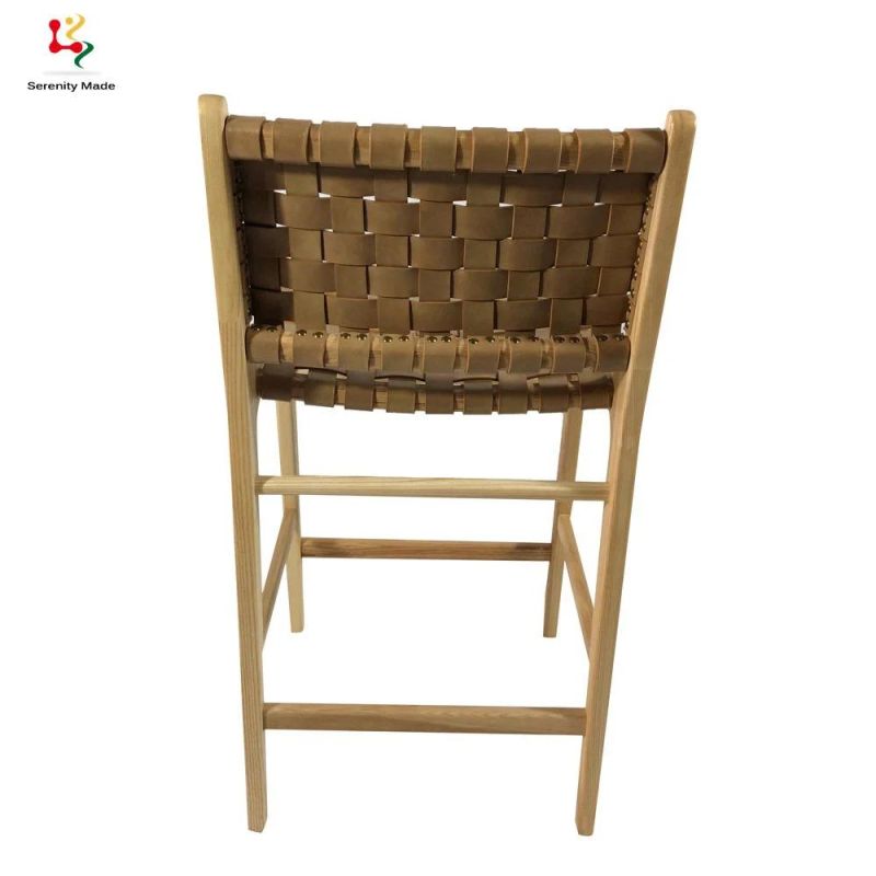 Vintage Country Style Cafe Furniture Natural Tan Micro Fiber Leather Strap Solid Ash Timber Frame Ash Wood Stool with Back