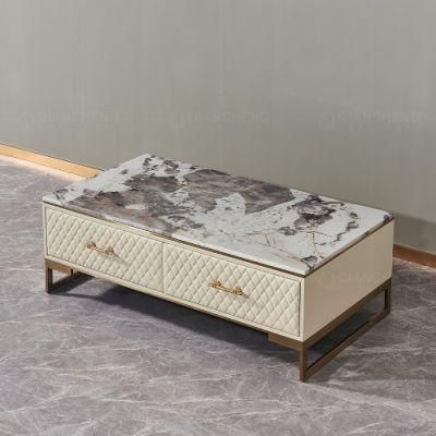 Modern Marble Top Gold Stainless Steel Legs Leather Smart Coffee Table for Living Room