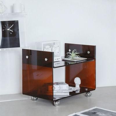 Exquisite Acrylic Furniture Office File Desk Home TV Stand Bedside Coffee Table with Stainless Steel Wheels