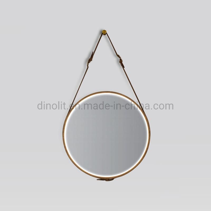 Modern Round Bathroom LED Mirror Wall Decoration Vanity Home Bath Mirrow with Leather/PU Belt Touch Switch Sensor Anti-Fog