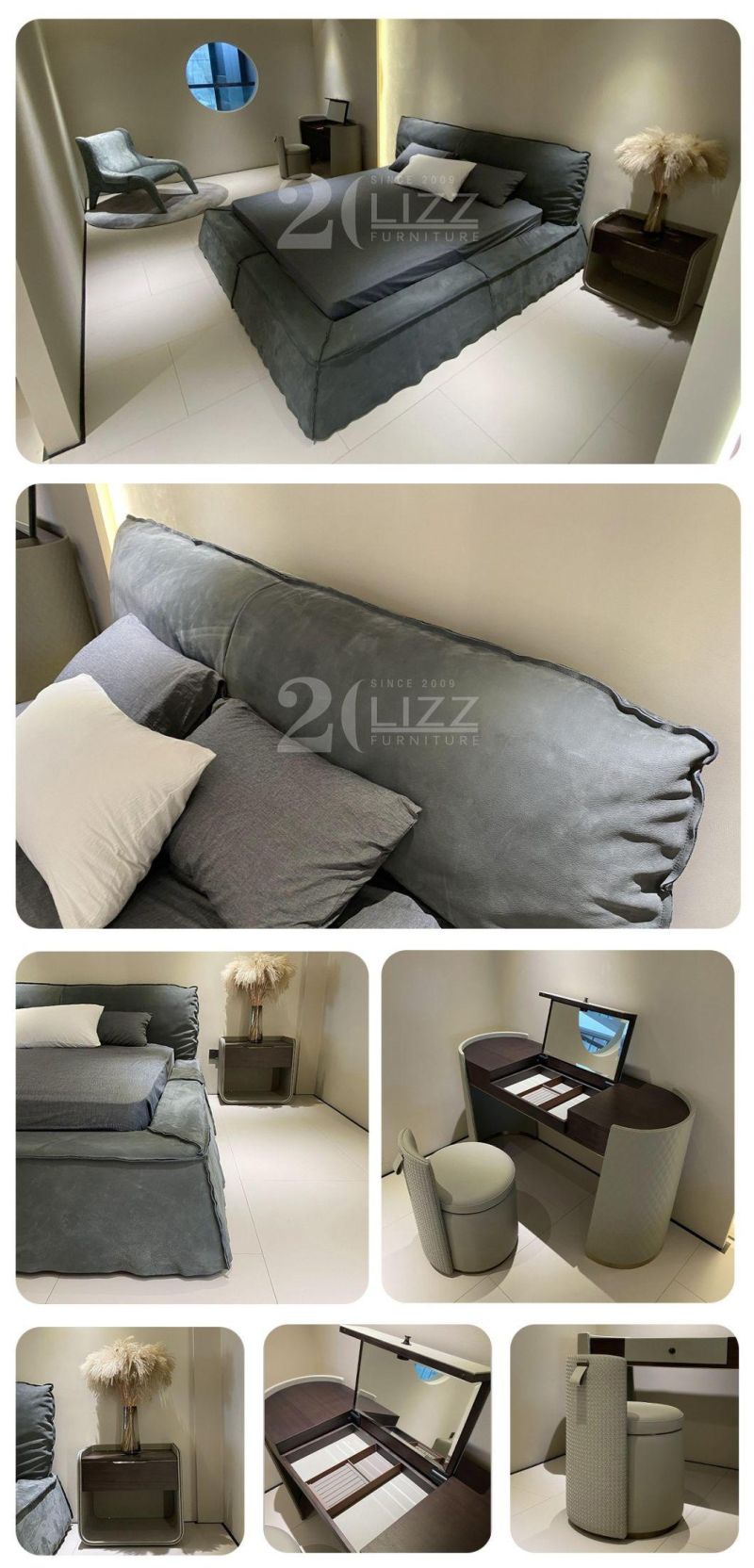 European Modern Design Home Bedroom Furniture Set Geniue Nubuck Leather Bed with Drawers