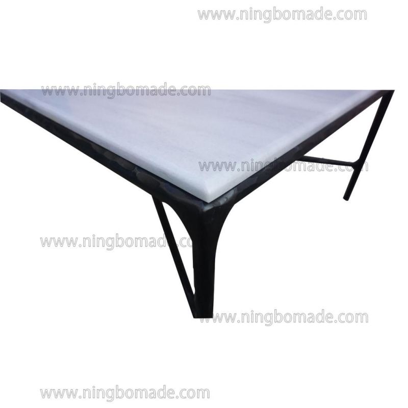 Thaddeus Sculptural Forged Collection White Cloud Marble Top Antique Black Solid Metal Base Rectangle Coffee Table