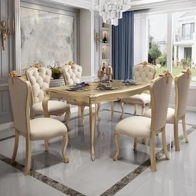 Wood Carved Dining Table with Leather Sofa Chairs and Cupboard in Optional Furniture Color
