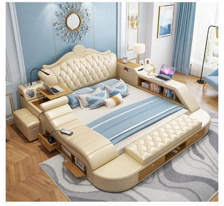 European Multifunction furniture Leather Massage Bed Camas Solid Wood Frame King Bed