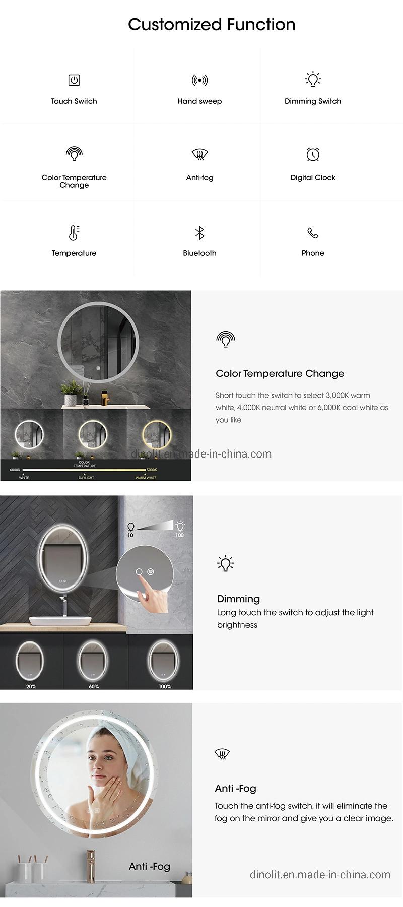 Modern Round Bathroom Mirror Wall Decoration Vanity Illuminated LED Mirror Defogger with Leather/PU Belt