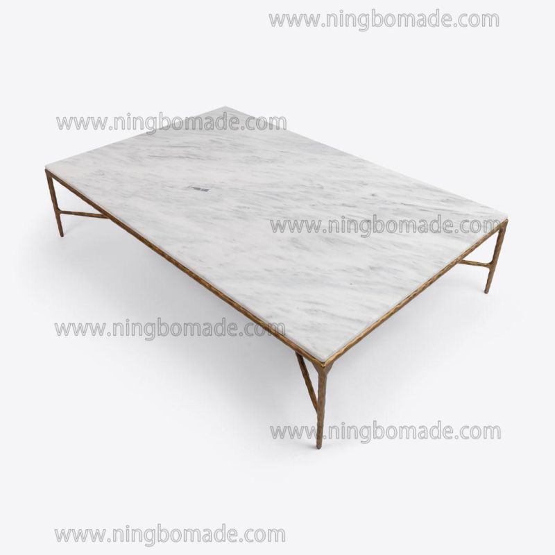 Rustic Hand Hammered Collection Furniture Forged Solid Iron Metal with Brass Color Thick Nature White Cloud Marble Rectangle Coffee Table