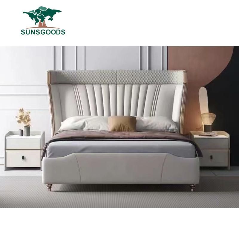 Psc16 Luxury Latest Design Hotel Bedroom Furniture Set Sleeping Upholstered Double Queen King Size Genuine Leather Bed Frame
