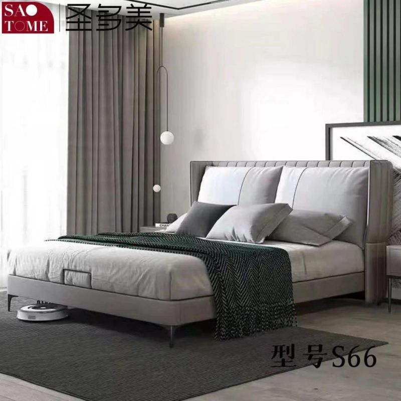 Modern Luxury Hotel Bedroom Furniture Khaki Leather Double Bed
