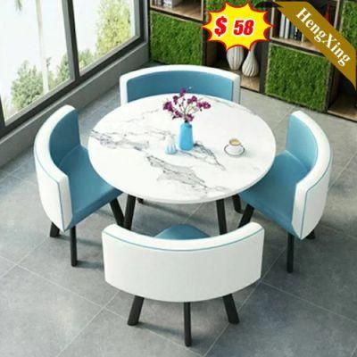 Modern House Home Furniture Kitchen Marble Round Dining Table with Blue Leather Chair