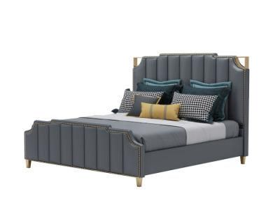 OEM Grey Wooden Furniture Home Bedding Set Leather King Bedroom Bed for Adult