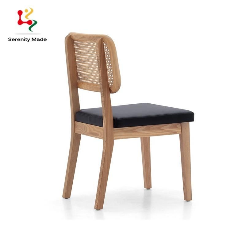 Modern Commerical Furniture Restaurtant Wooden Frame PU Leather Seat Rattan Back Dining Chair