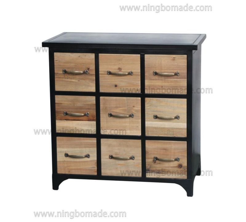 Nordic Country Farm House Design Furniture Nature Reclaimed Pine Wood and Black Iron File Cabinet