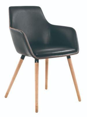 Black PU with Embroidery Thread Wood Legs Bar Chair