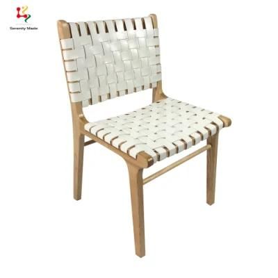 New Arrival Country Style Micro Fiber Leather Strap Woven Seat Restaurant White Bar Dining Chair