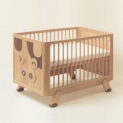Cartoon Pig Pattern Solid Wood Baby Crib Adjustable Height Children Bed with Playpen