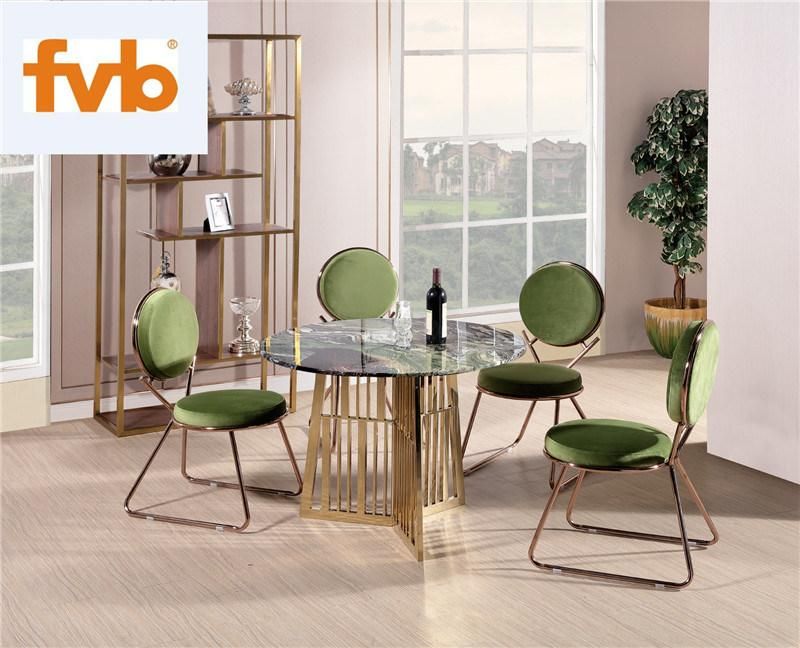 Luxurious Home Furniture Dining Set Marble Table with Rose Metal Frame 6 Chairs Leather