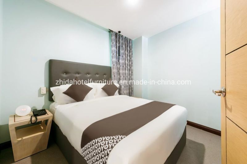 Resort Hotel Apartment Bedroom Furniture Single Queen Size Bed with Leather Buckle Headboard for Vocation & Holidays