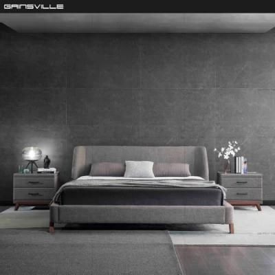 Stylish Modern Home/Hotel Bedroom Furniture Minimalist Double King Bed Upholstered Leather/Fabric Beds Set with Wooden Walnut Veneer Legs