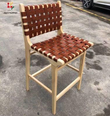 New Arrival Country Style Brown Micro Fiber Leather Strap Solid Ash Timber Frame Wood Stool with Back