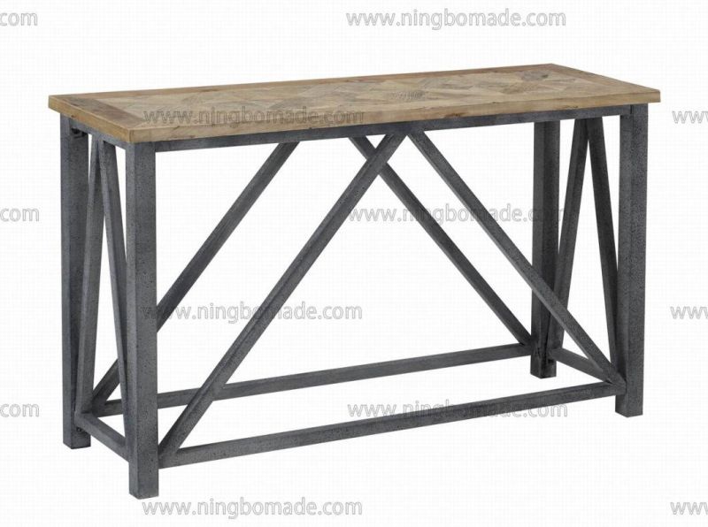 Antique Nordic Country Style Storage Pine Natural Reclaimed Elm with Grey Iron Metal Fixed Console Coffee Table