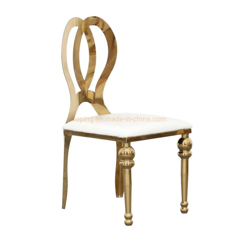 Luxury Gold Golden Hotel Banquet Restaurant Dining Wedding Furniture Banquet Chair Table Genuine Leather Modern Stainless Steel Legs Dining Chair