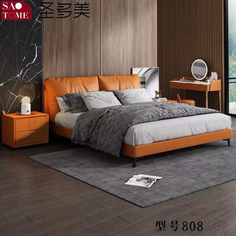Modern Plank Wood Frame Hermes Orange Leather Double Bed