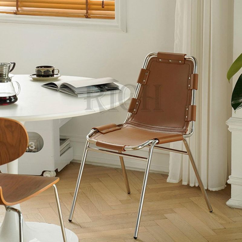 Restaurant Dining Chair Metal Legs Italian Modern Saddle Leather Dining Chair