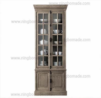 French Antique Vintage Furniture Aged Oak Collection Farm House 2 Glass Doors 2 Wood Doors Cupboard Cabinet