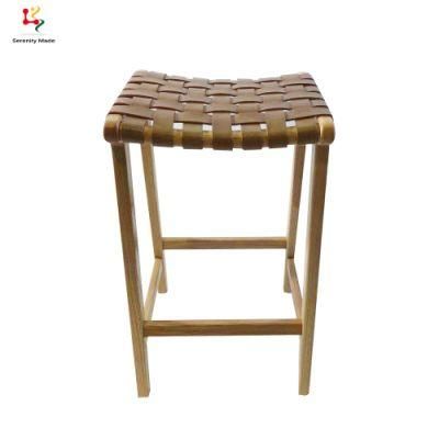 New Arrival Country Style Micro Fiber Leather Strap Woven Seat Restaurant Natural Tan Bar Wooden Bar Stool