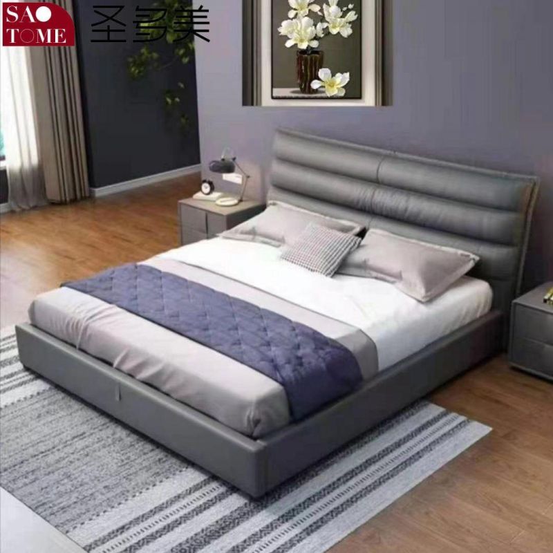 Modern Luxury Hotel Bedroom Furniture Light Grey Leather Double Bed 1.5m 1.8m