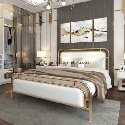 Modern Luxury Furniture Leather Cushion Golden Plated Iron King Bed