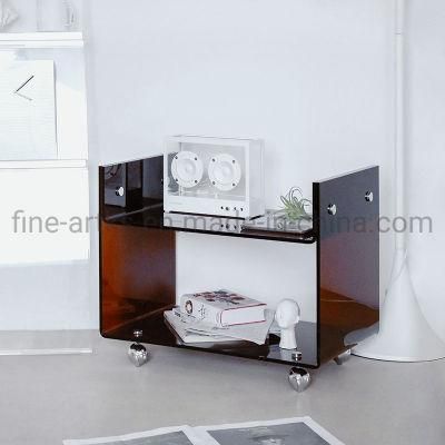 Custom High End Acrylic Furniture Office Desk Home Nightstand Tea Table with Stainless Steel Wheels